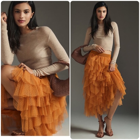 Anthropologie Dresses & Skirts - New Anthropologie Cheri Ruffle Tulle Elastic Waist Orange Preppy Midi Skirt XL